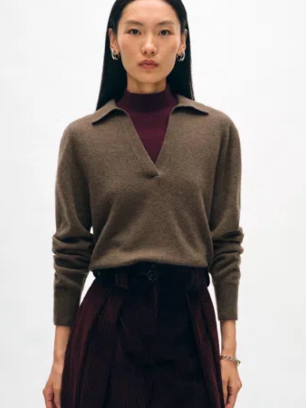 White + Warren Brown Cashmere Collared V-Neck Sweater with Layered Plum Top